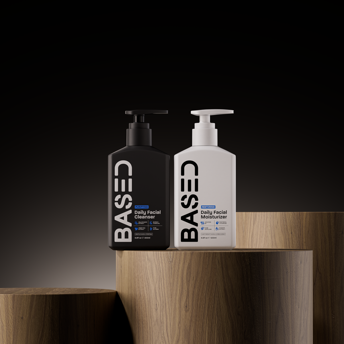 BASED Daily Skincare Duo on wooden plinths