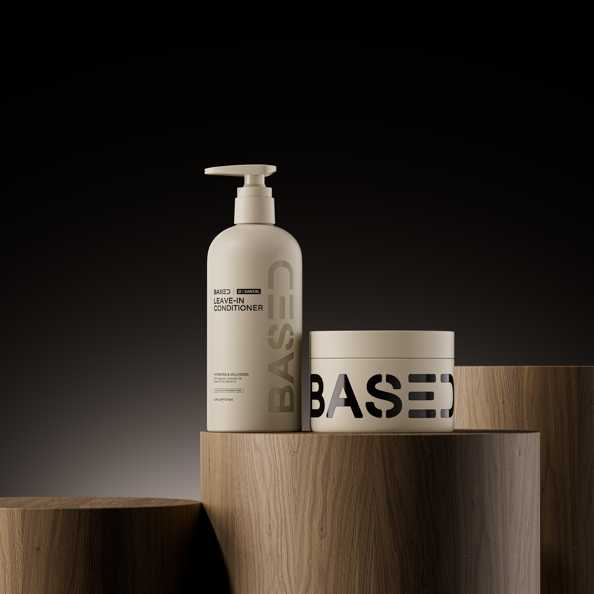 BASED Hydration & Hold Duo on wooden plinths