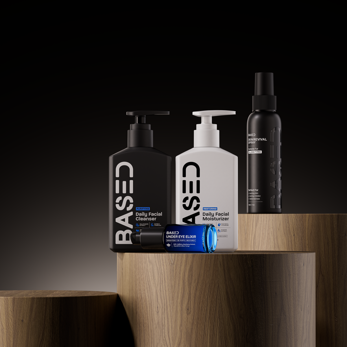 BASED Full Skincare Kit on wooden plinths