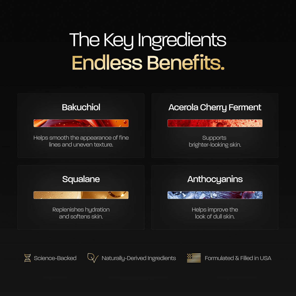 BASED Multi-Active Skin Elixir key ingredients: bakuchiol, acerola cherry ferment, squalane and anthocyanins