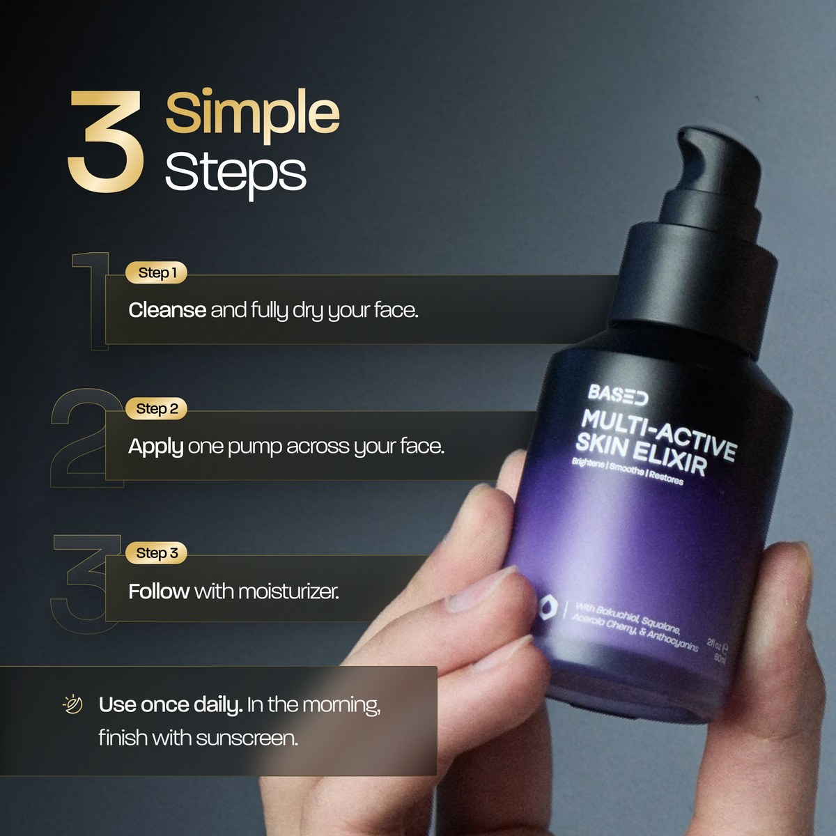 How to use BASED Multi-Active Skin Elixir in three steps